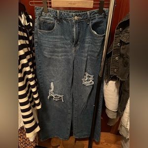 high waist denim wide leg distressed jeans